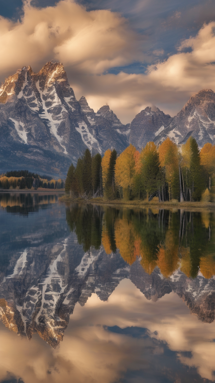 The full length of the Grand Teton mountain range reflected in Jenny Lake
