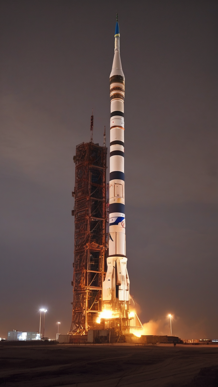 The Baikonur Cosmodrome at night during a Soyuz launch