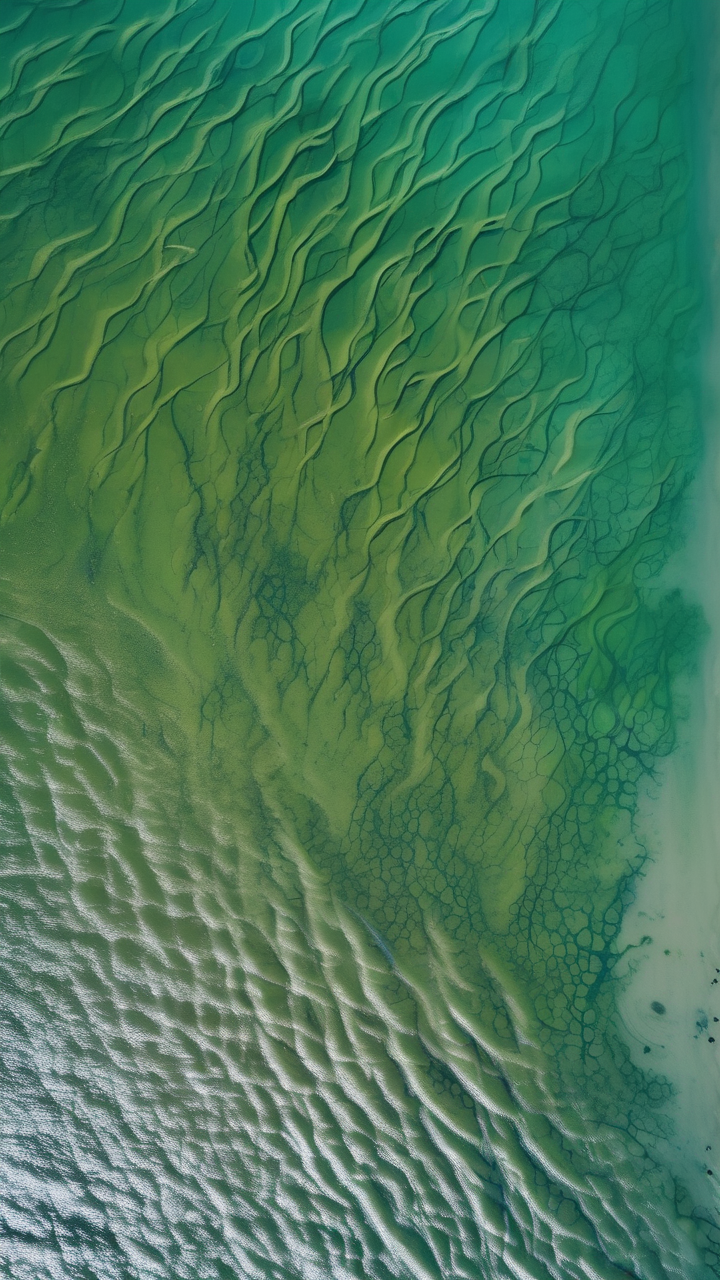 An aerial view of algal bloom patterns in a Baltic Sea bay