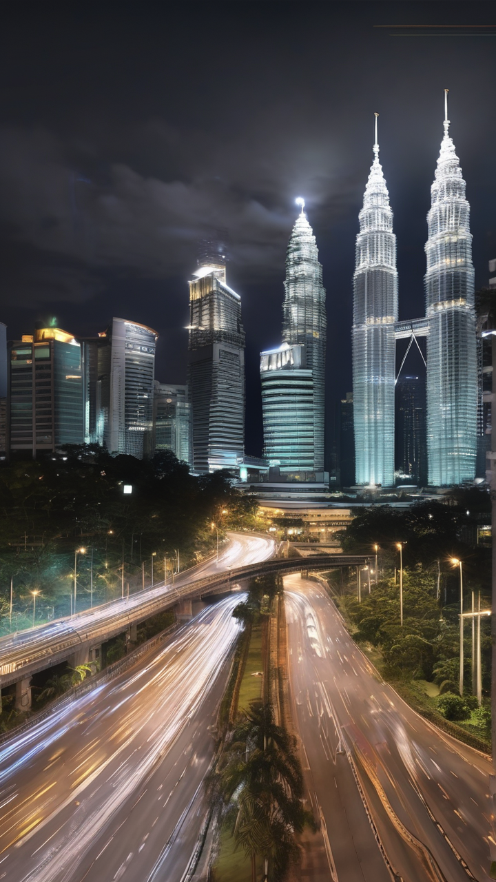 A photorealistic Kuala Lumpur at night with Petronas Towers lit
