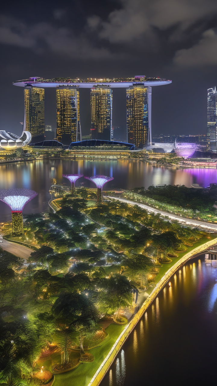 A photorealistic Singapore at night from Marina Bay