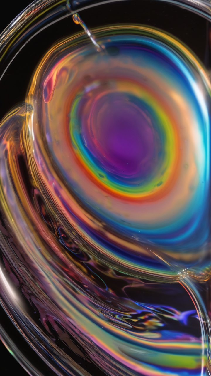 A hyperrealistic macro of a soap bubble showing Newton rings of color