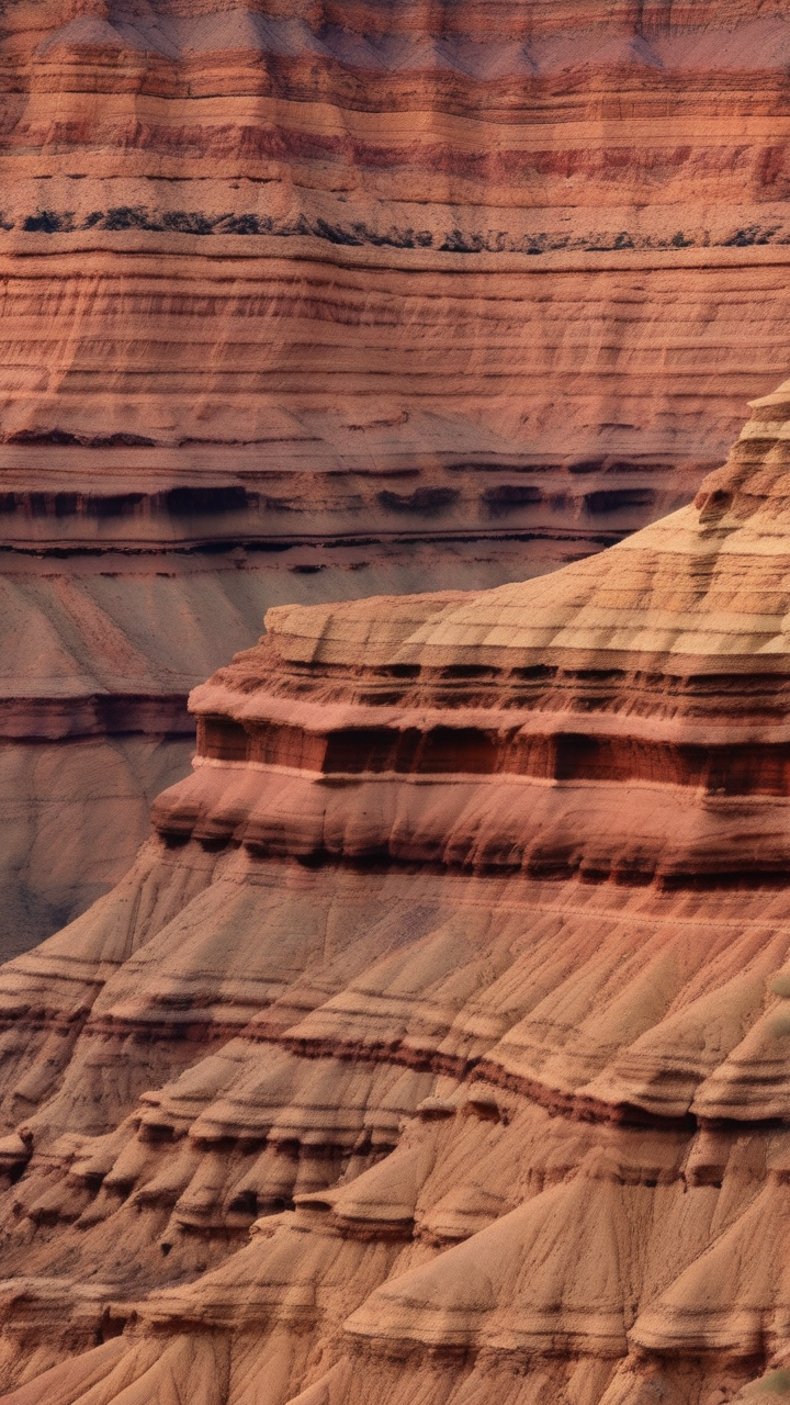 The geological strata of the Grand Canyon walls seen in extreme close-up