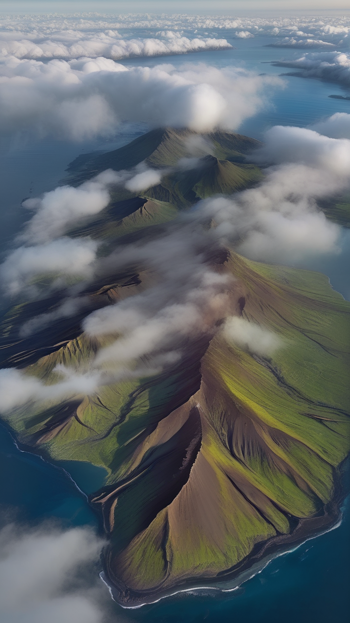 A photorealistic Aleutian Islands volcanic chain from above