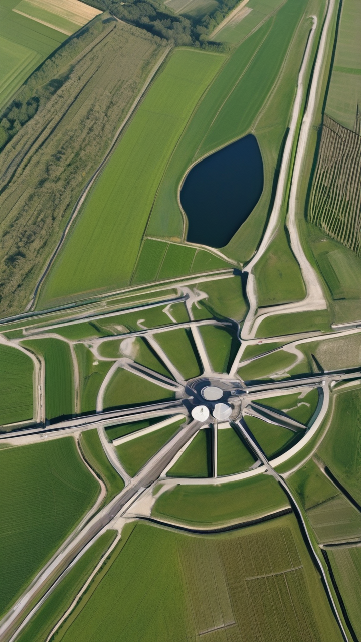 The Channel Tunnel ventilation shafts in the English countryside from above