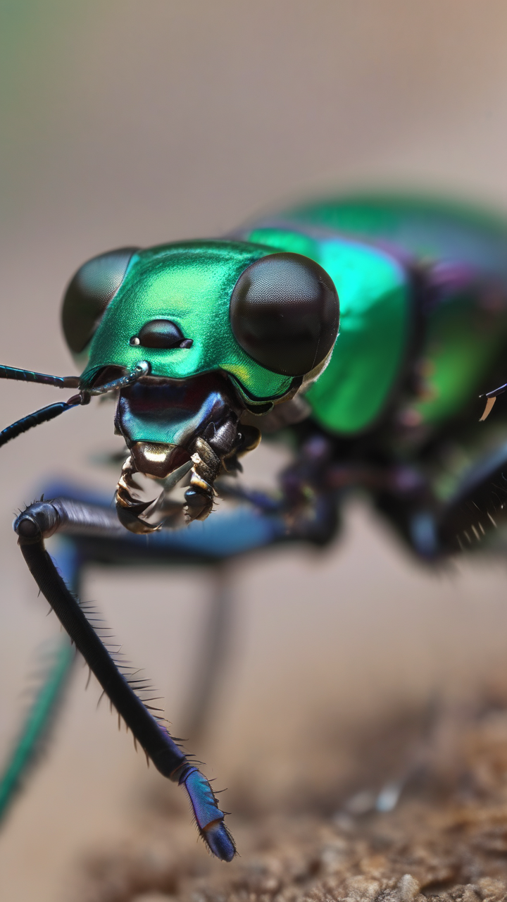 An extreme close-up of a tiger beetle face