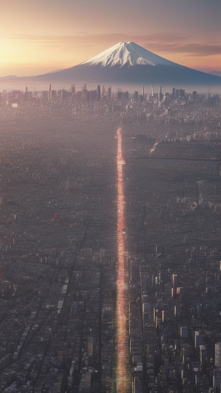 A hyperrealistic Tokyo aerial at sunset