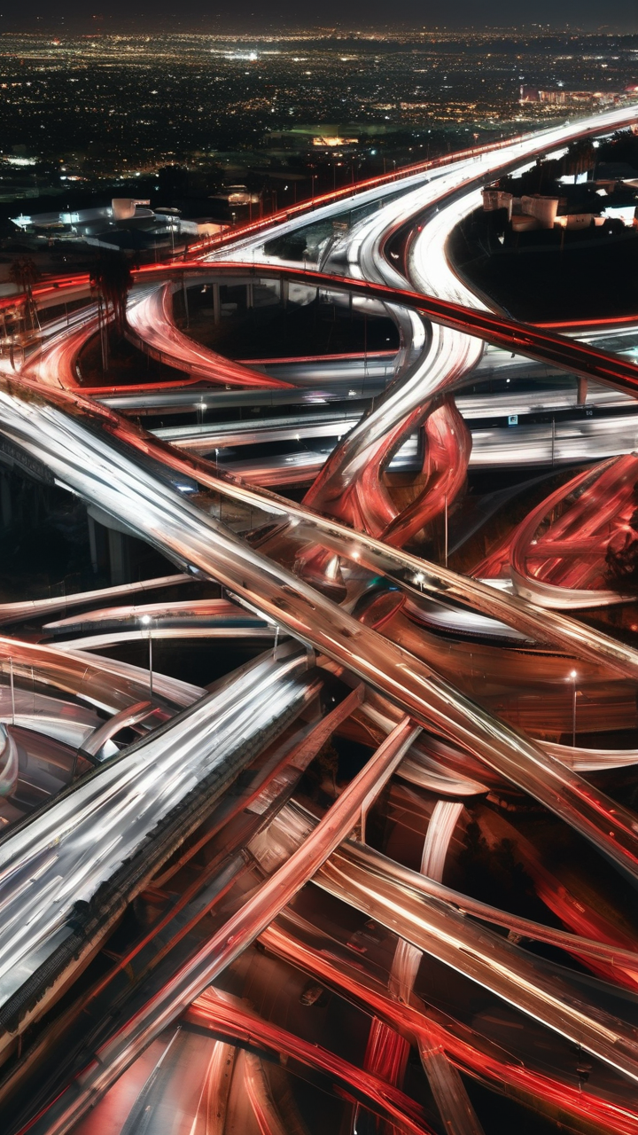 The light trails of a busy freeway interchange in Los Angeles at night