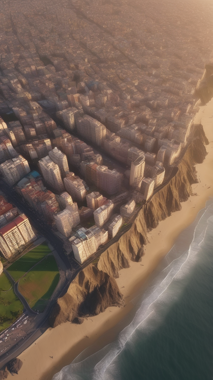 A hyperrealistic aerial of Lima Peru along the cliffs at sunset