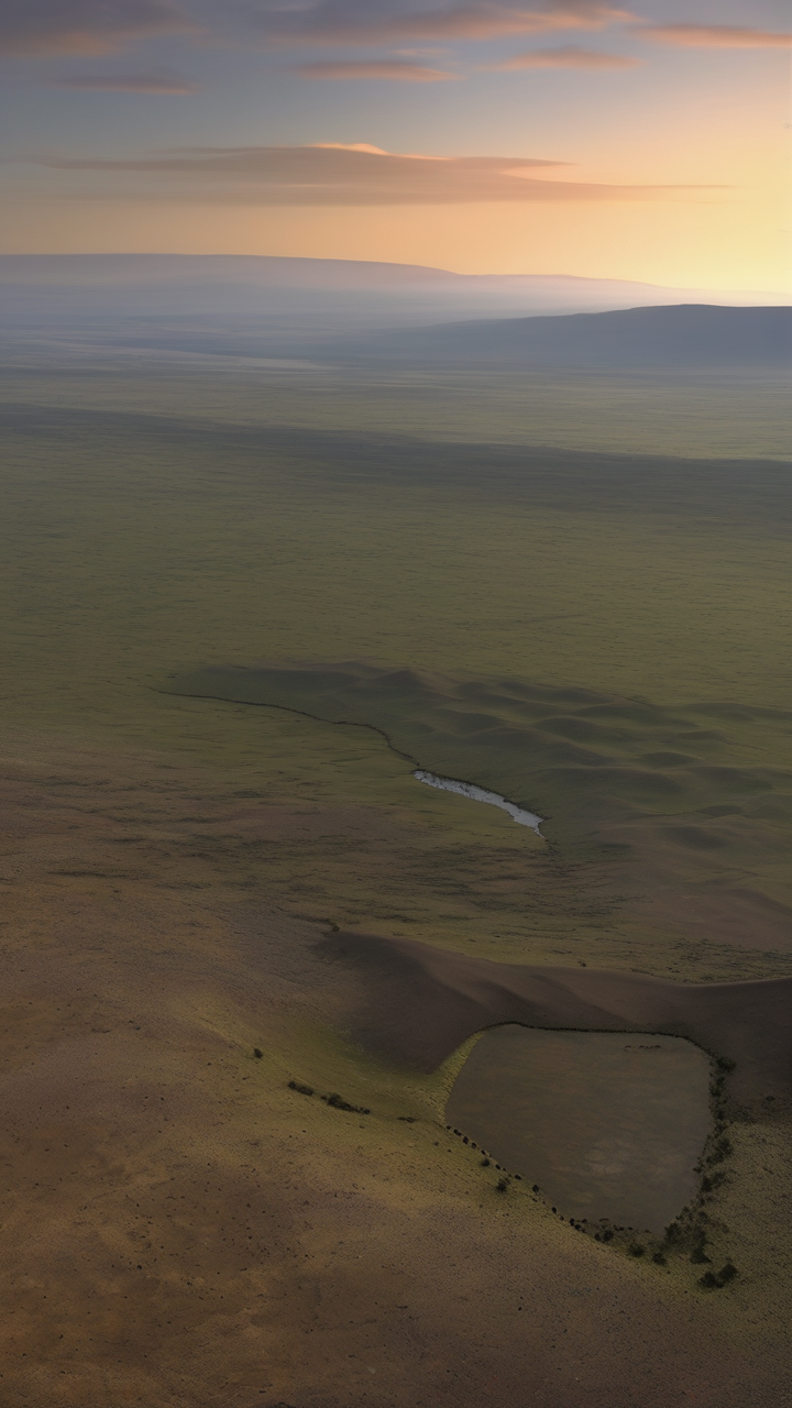 A photorealistic view of the Ngorongoro Crater from the rim at dawn
