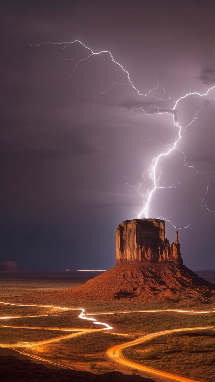 Time-lapse composite of 50 lightning strikes over Monument Valley