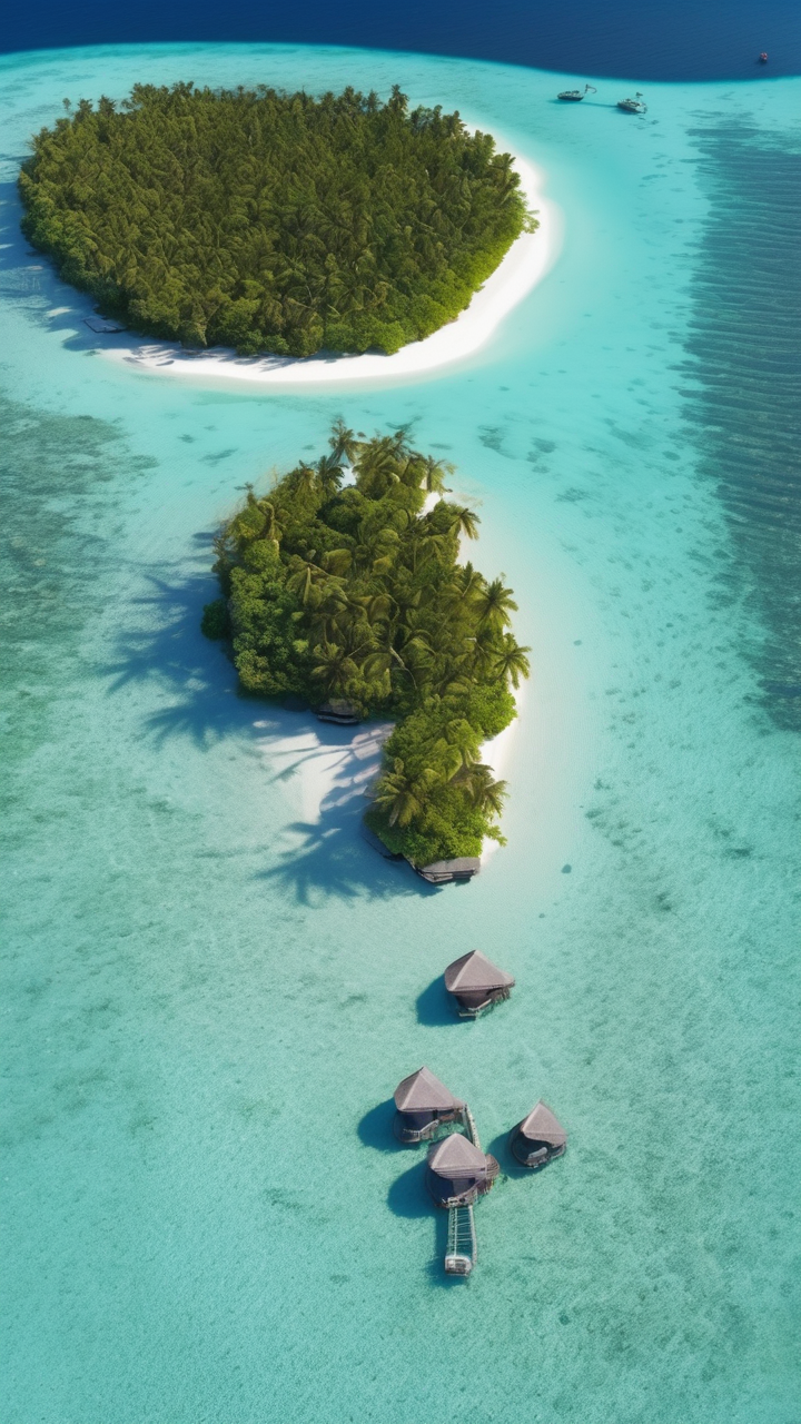 A hyperrealistic aerial view of the Maldives atolls