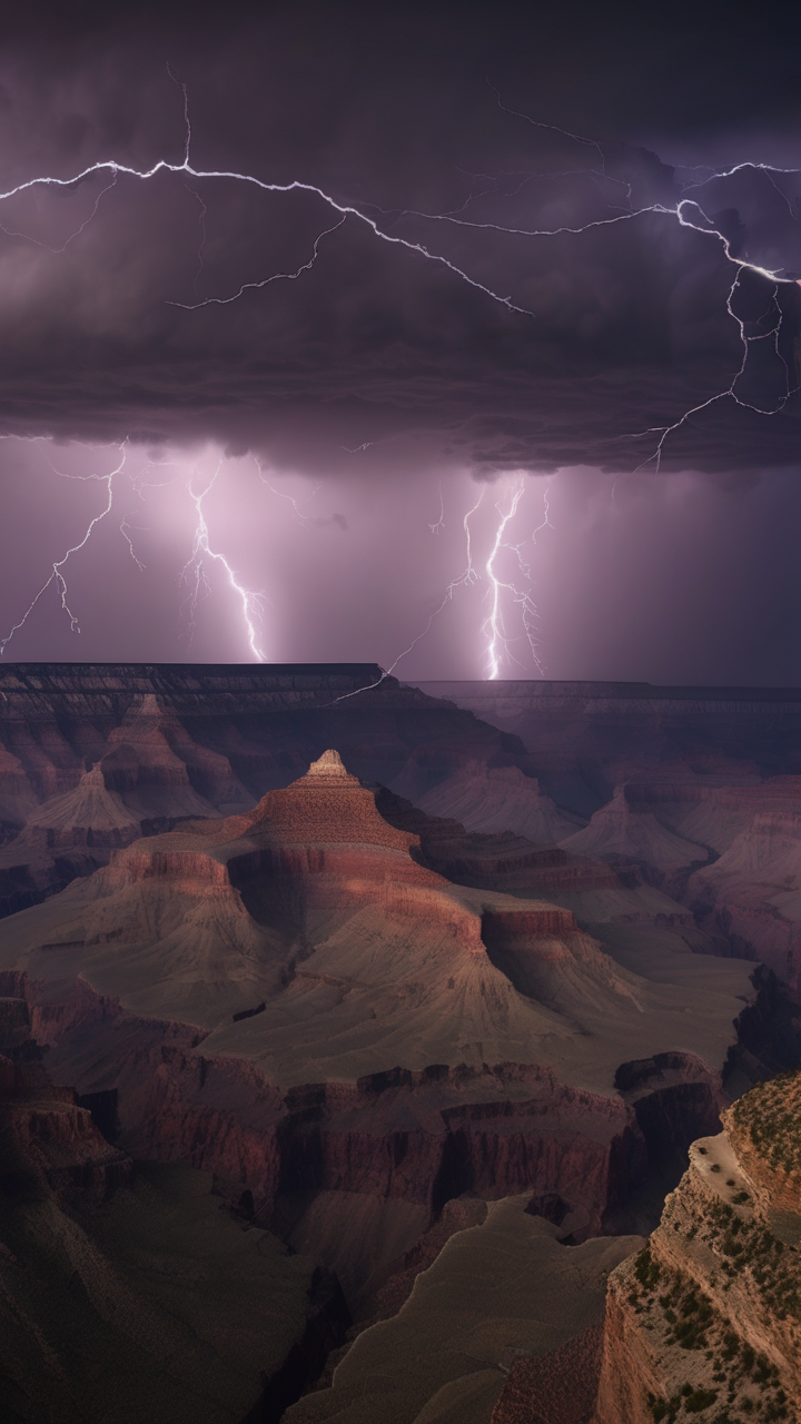 A spectacular multi-bolt lightning storm over the Grand Canyon at night