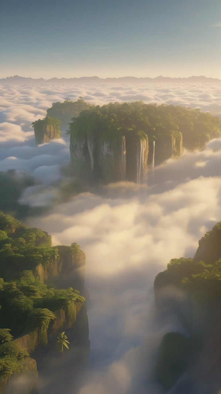 A floating archipelago of islands above the clouds at sunrise