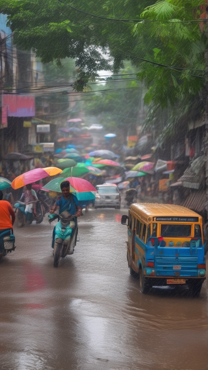 A monsoon rain storm hitting a tropical city in India
