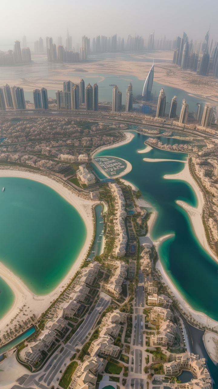 An aerial view of Dubai's Palm Jumeirah island from directly above