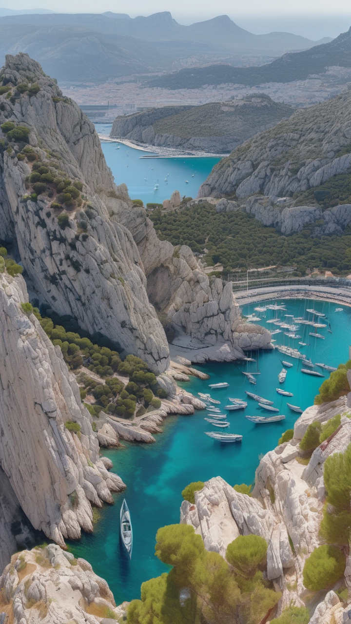 A photorealistic view of the Calanques of Marseille from above