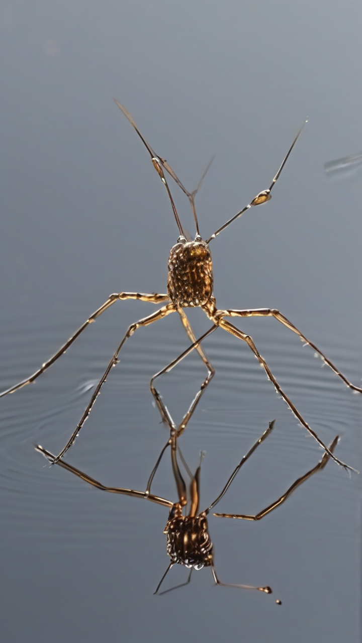 A macro photograph of a water strider walking on surface tension