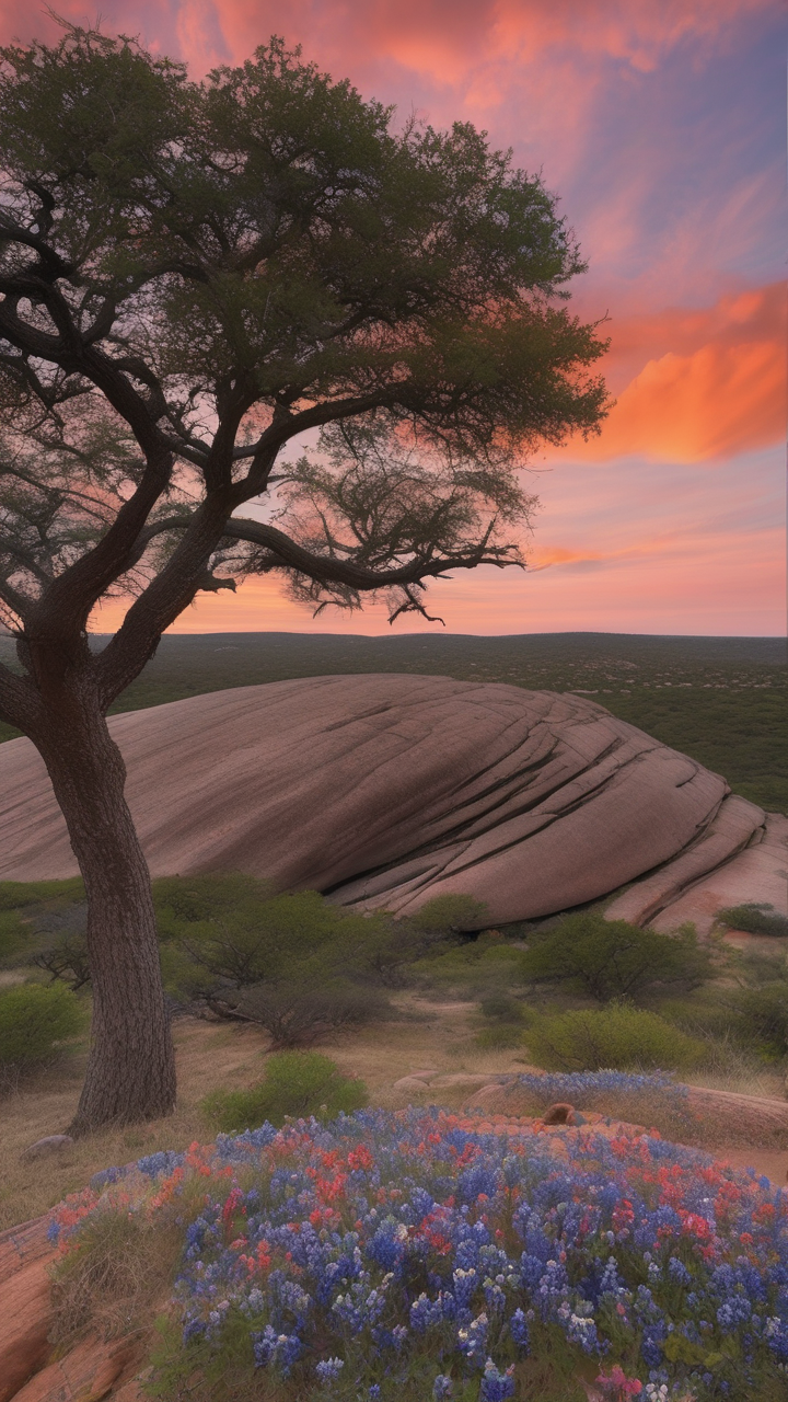 The Enchanted Rock granite dome in Texas at sunset
