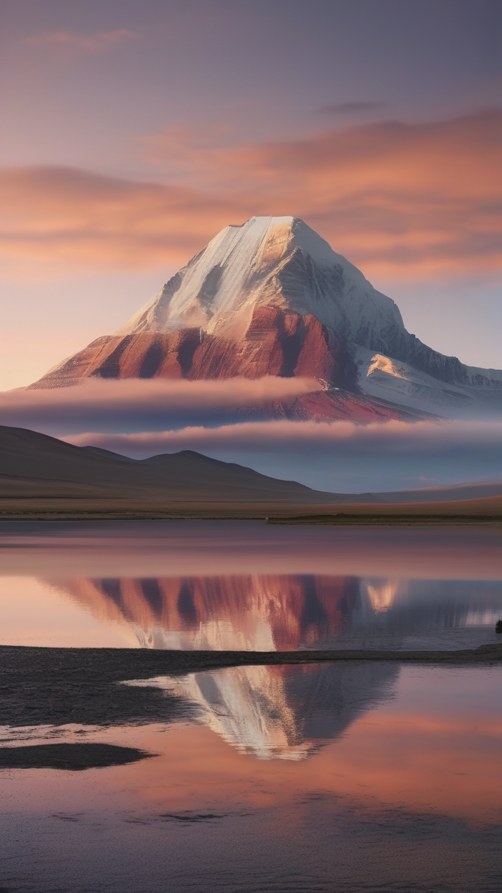 A photorealistic view of Mount Kailash in Tibet at dawn