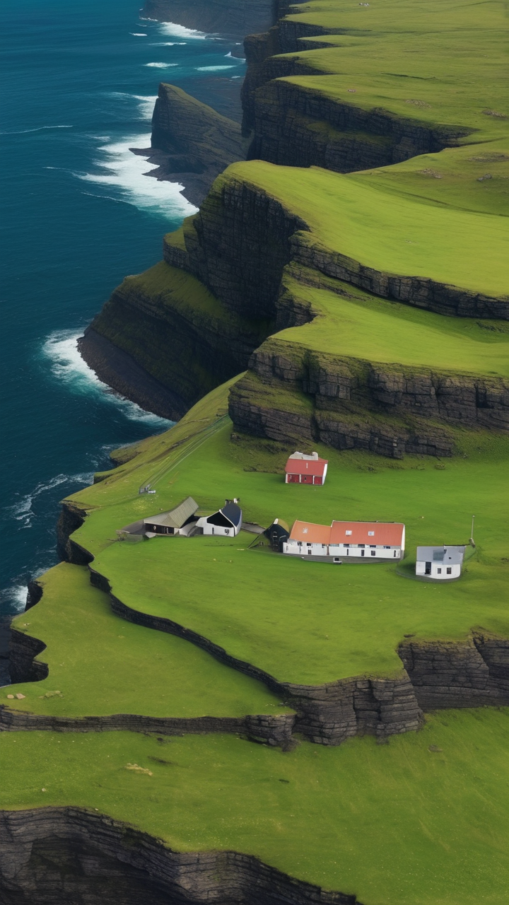 A hyperrealistic aerial view of the Faroe Islands in summer