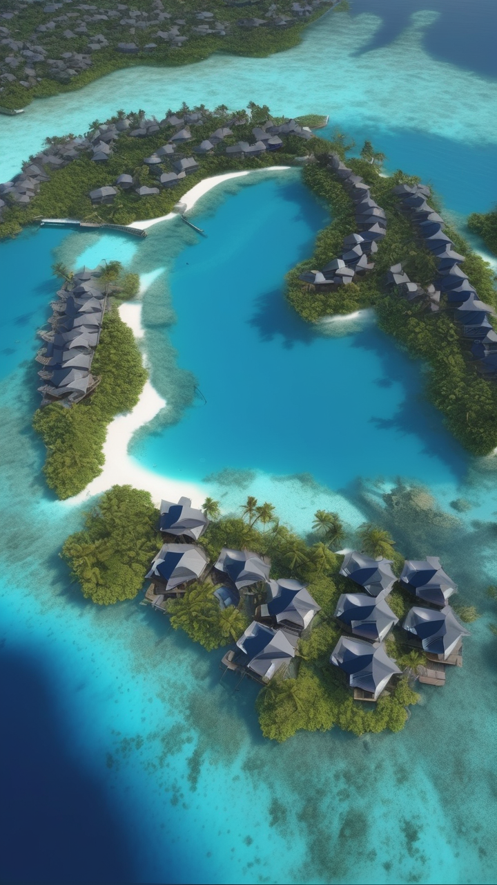 A hyperrealistic Bora Bora lagoon from above