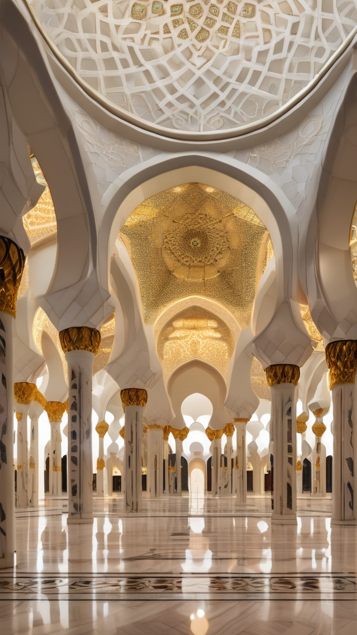 A photorealistic view inside the Sheikh Zayed Grand Mosque in Abu Dhabi at night
