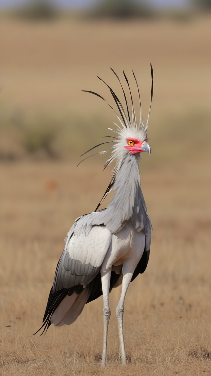 A secretary bird striding through African savanna