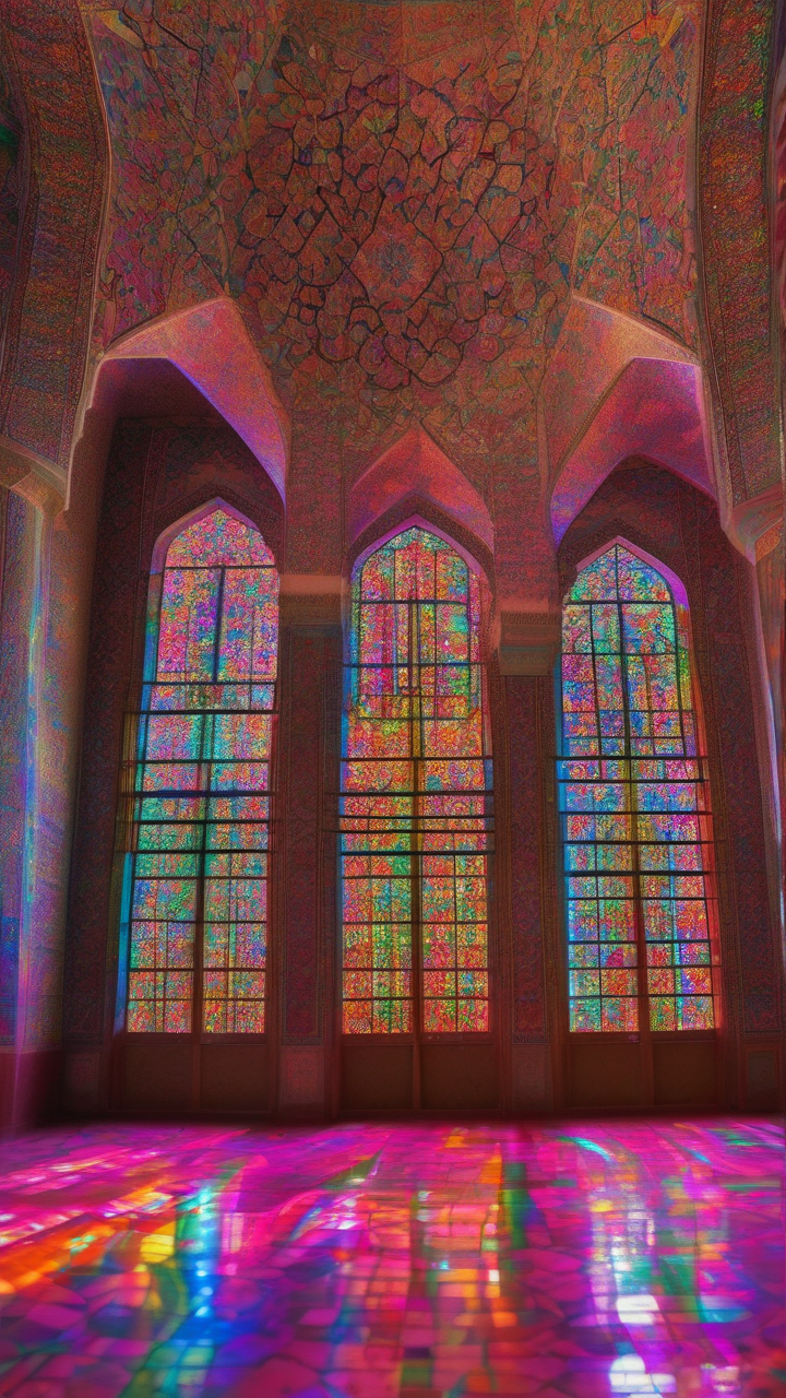The interior of the Nasir al-Mulk Pink Mosque in Shiraz Iran