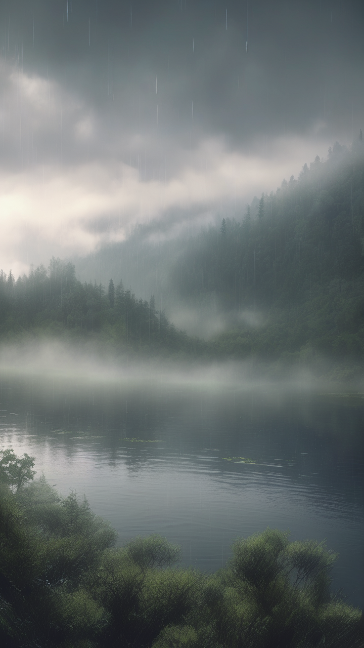 Rain falling on a mountain lake creating millions of tiny rings