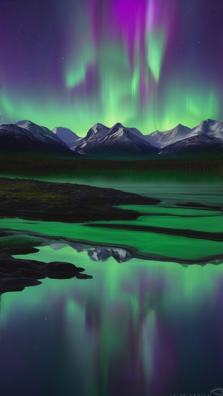The aurora borealis reflected in a perfectly still mountain lake in Alaska