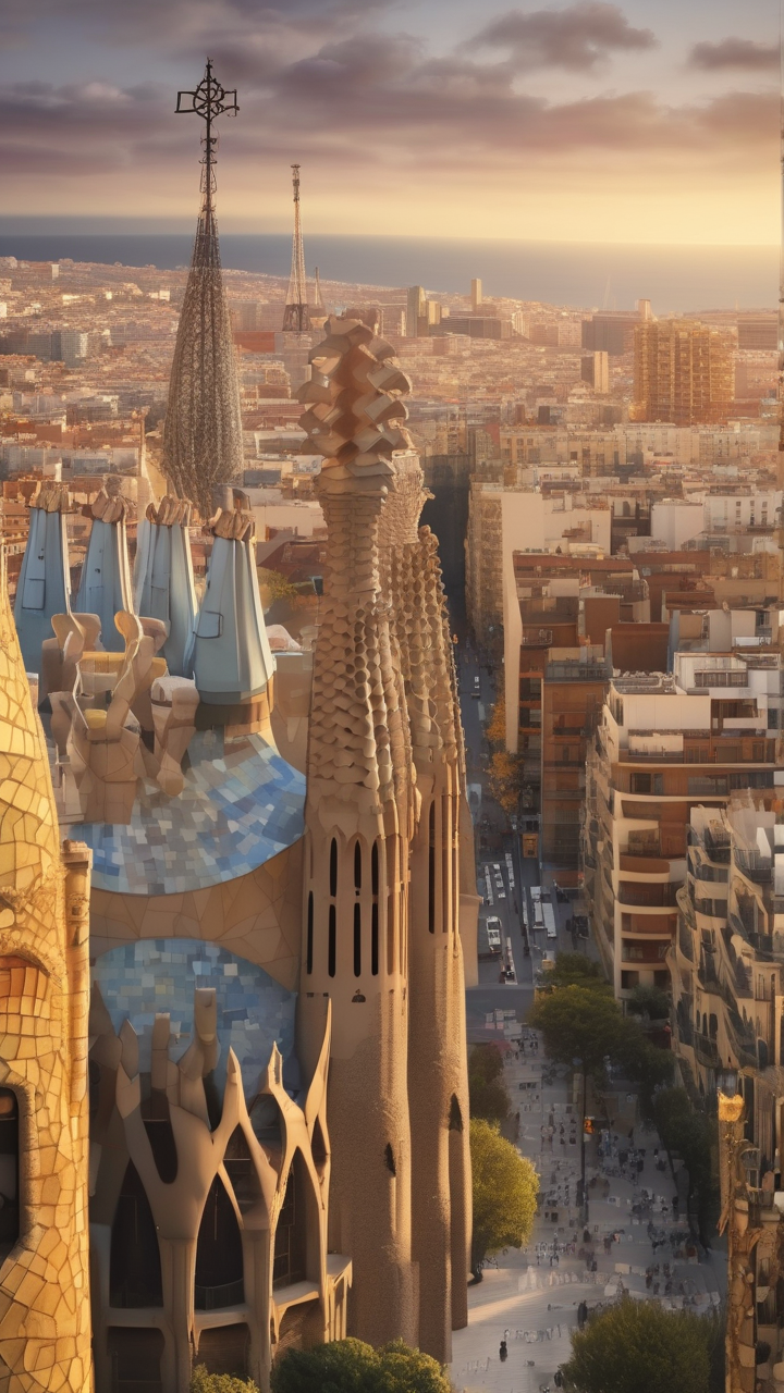 A photorealistic view of Barcelona from the Sagrada Familia towers