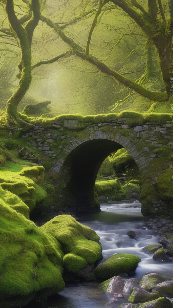 An ancient stone bridge covered in moss arching over a crystal stream in an enchanted Irish valley