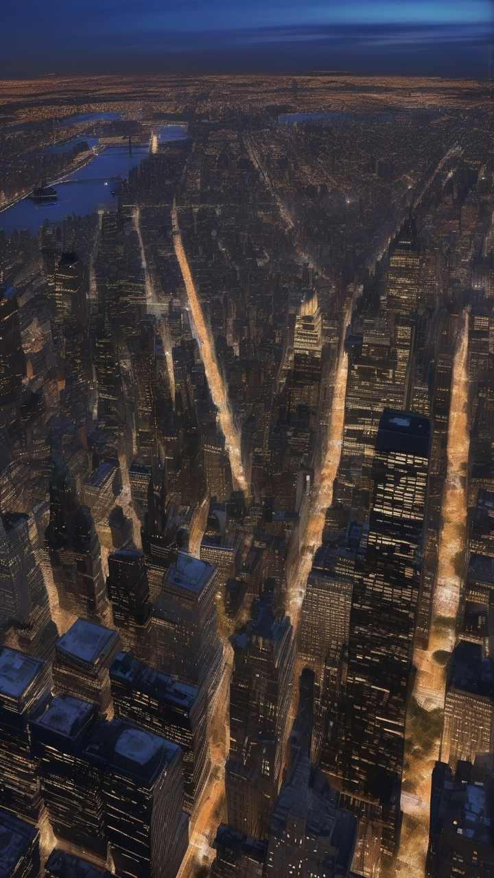 A photorealistic bird's-eye view of Manhattan at blue hour
