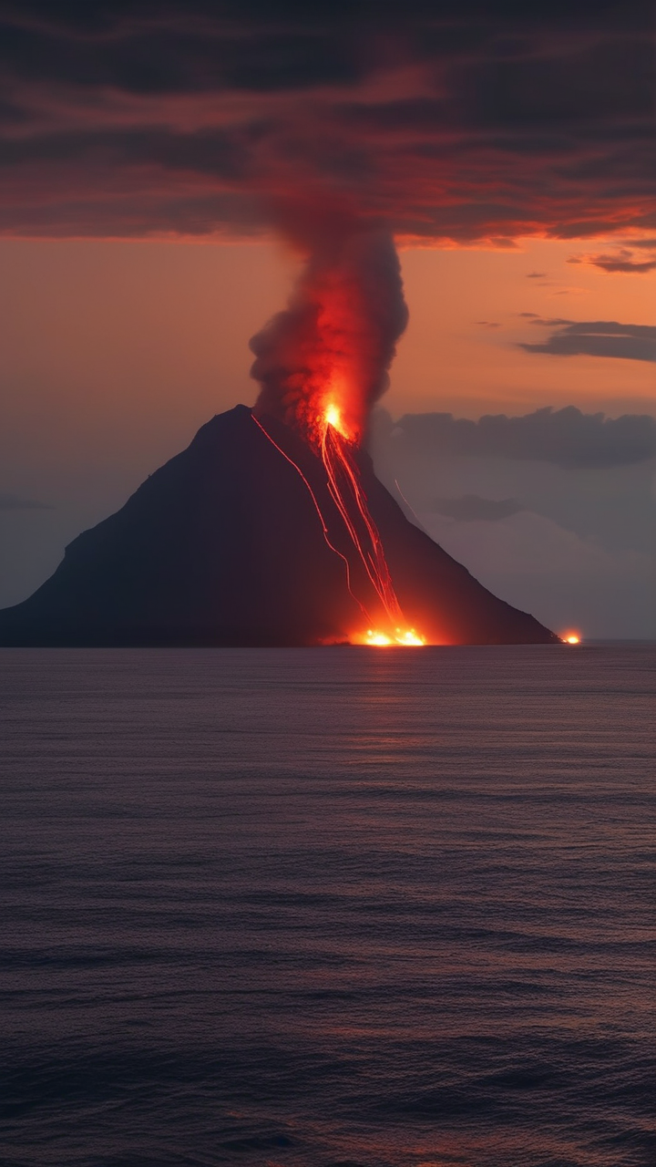 Stromboli volcano erupting at night