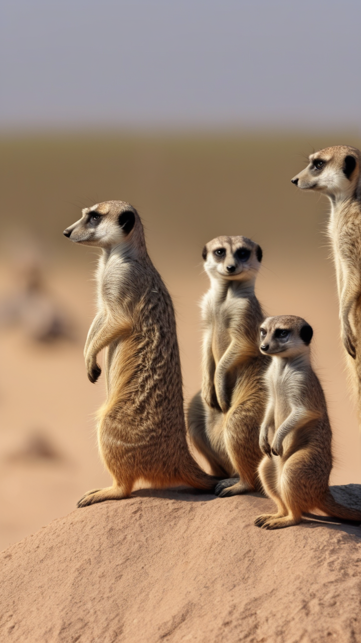 A family of meerkats standing sentinel on their mound in the Kalahari