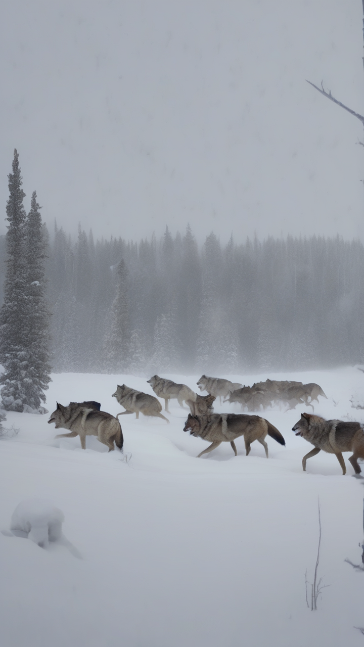 A pack of wolves hunting elk in the deep snow of Yellowstone