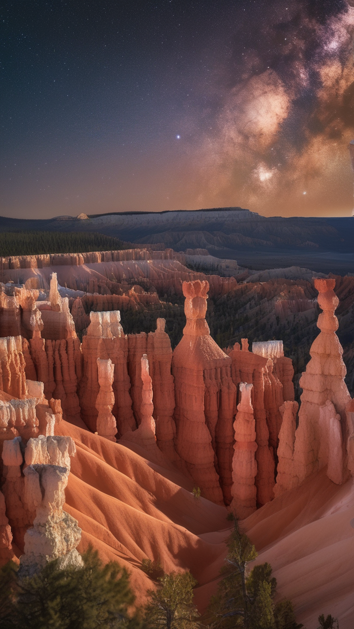 Bryce Canyon at night with the Milky Way above the hoodoos