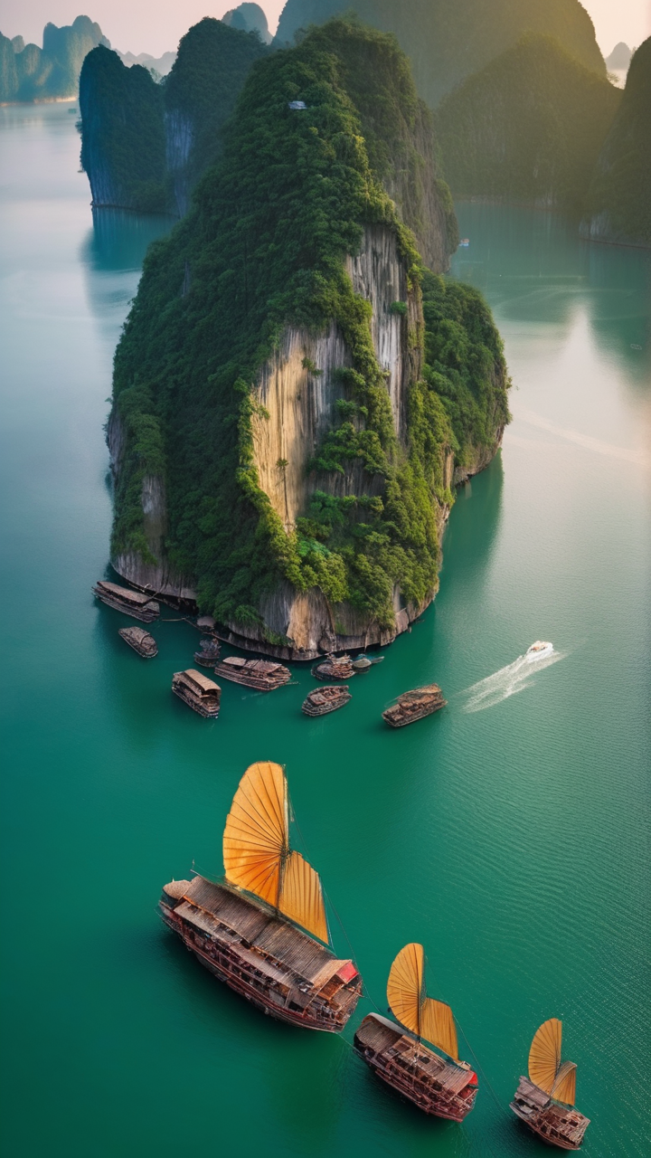 Halong Bay Vietnam at dawn from above
