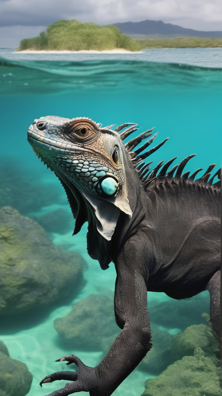 A Galápagos iguana diving into the turquoise sea