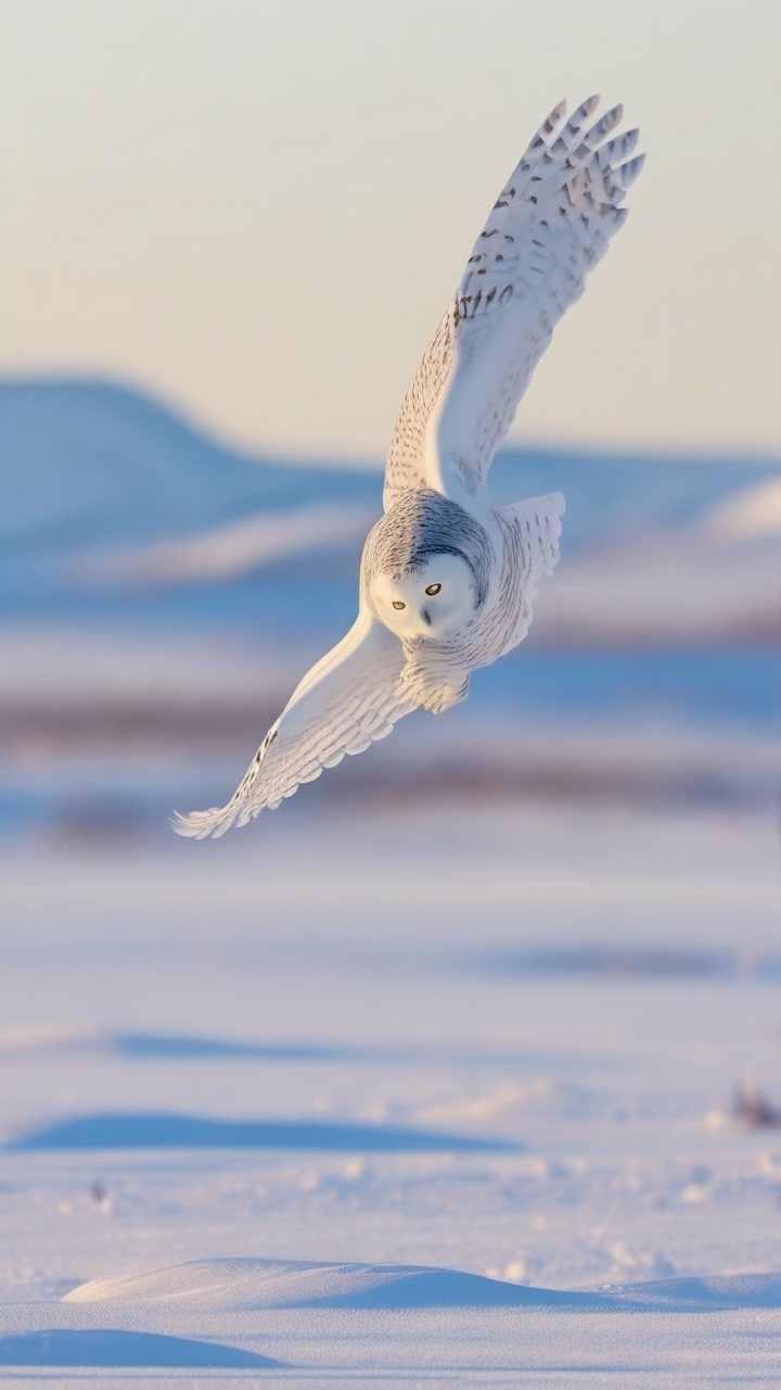 A snowy owl hunting over an Arctic tundra plain in winter