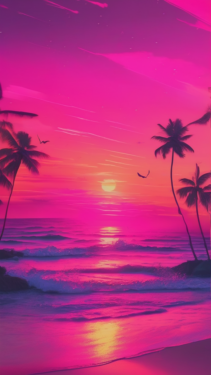Neon pink sunset ocean