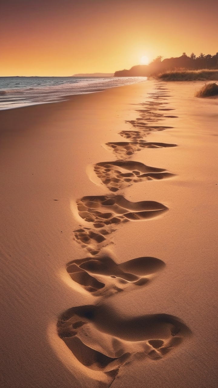 Sunset footprints on sand