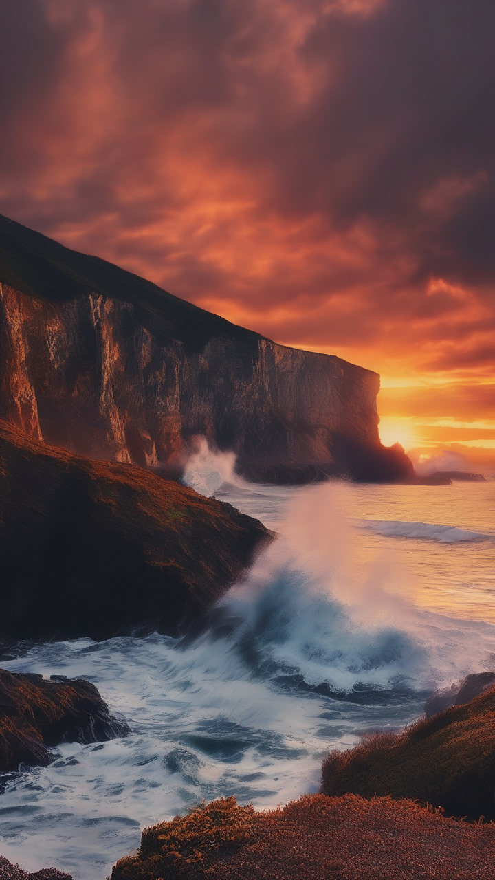 Sunset behind sea cliffs