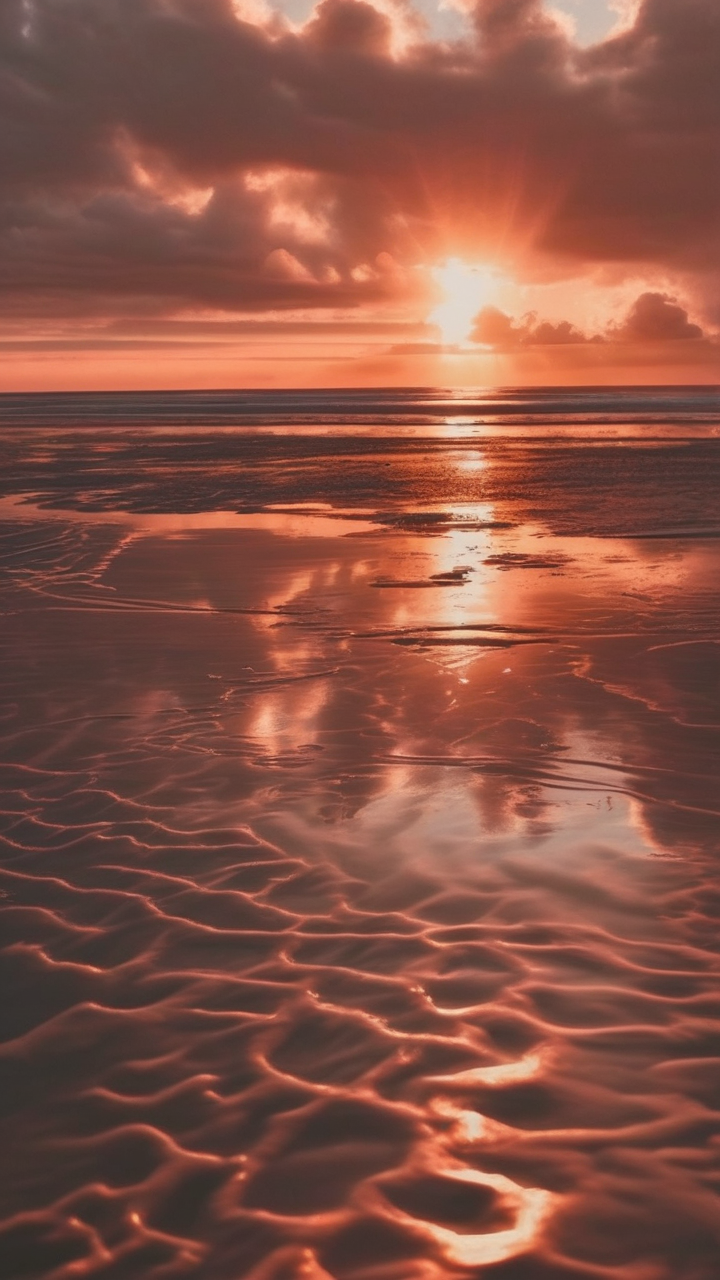 Double sunset reflection on wet sand
