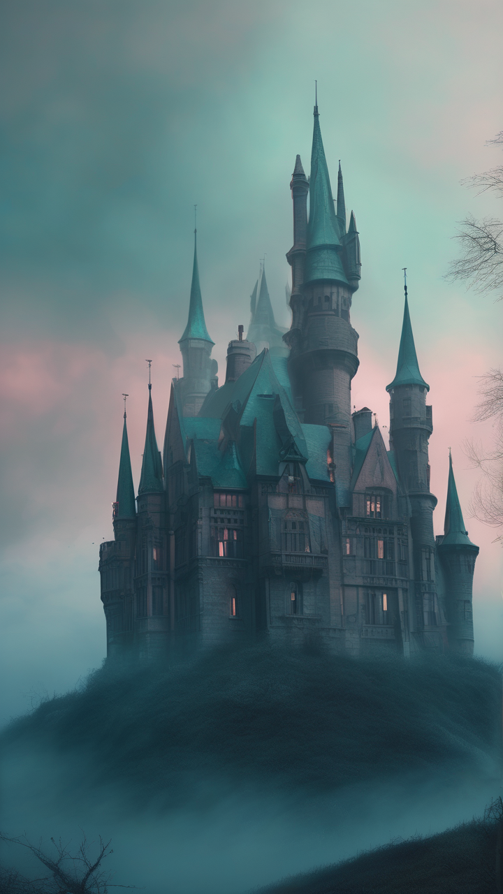 Gothic castle in fog