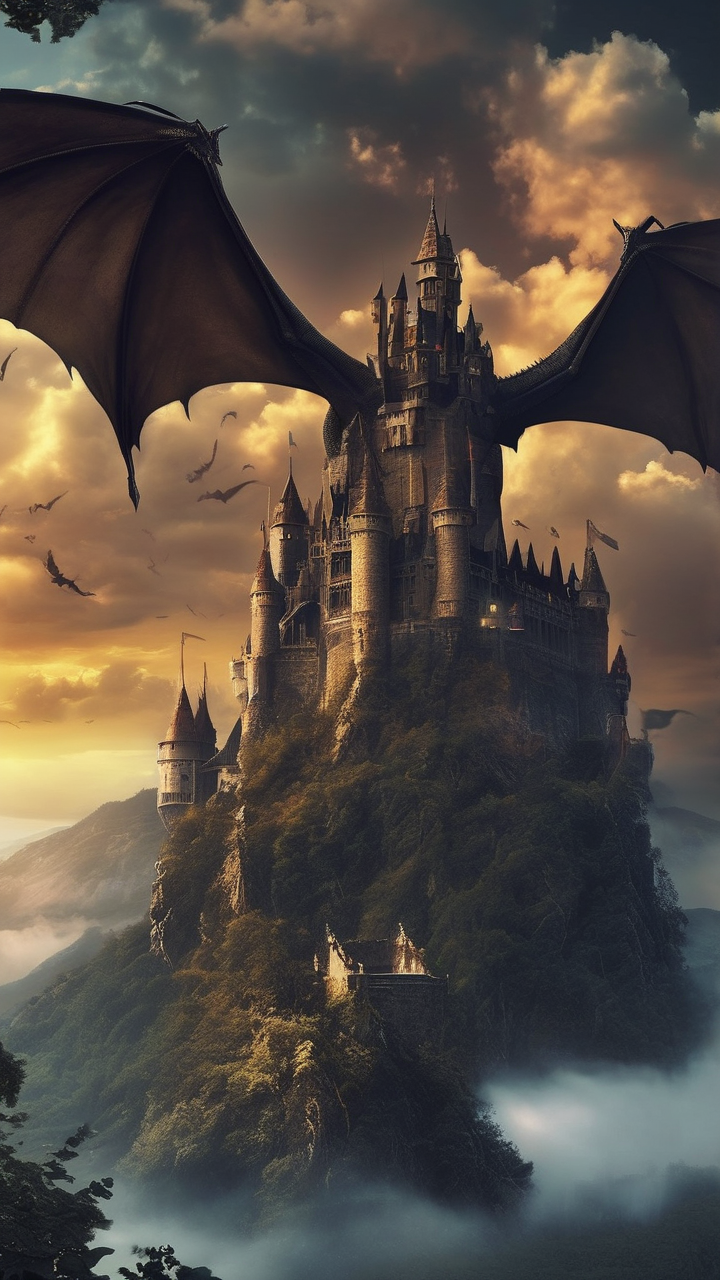 Dragon flying over dark castle