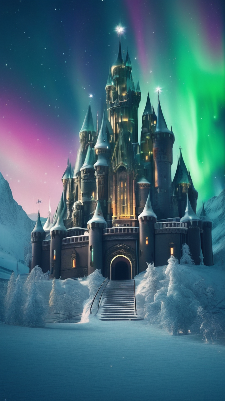 Snow castle under aurora borealis