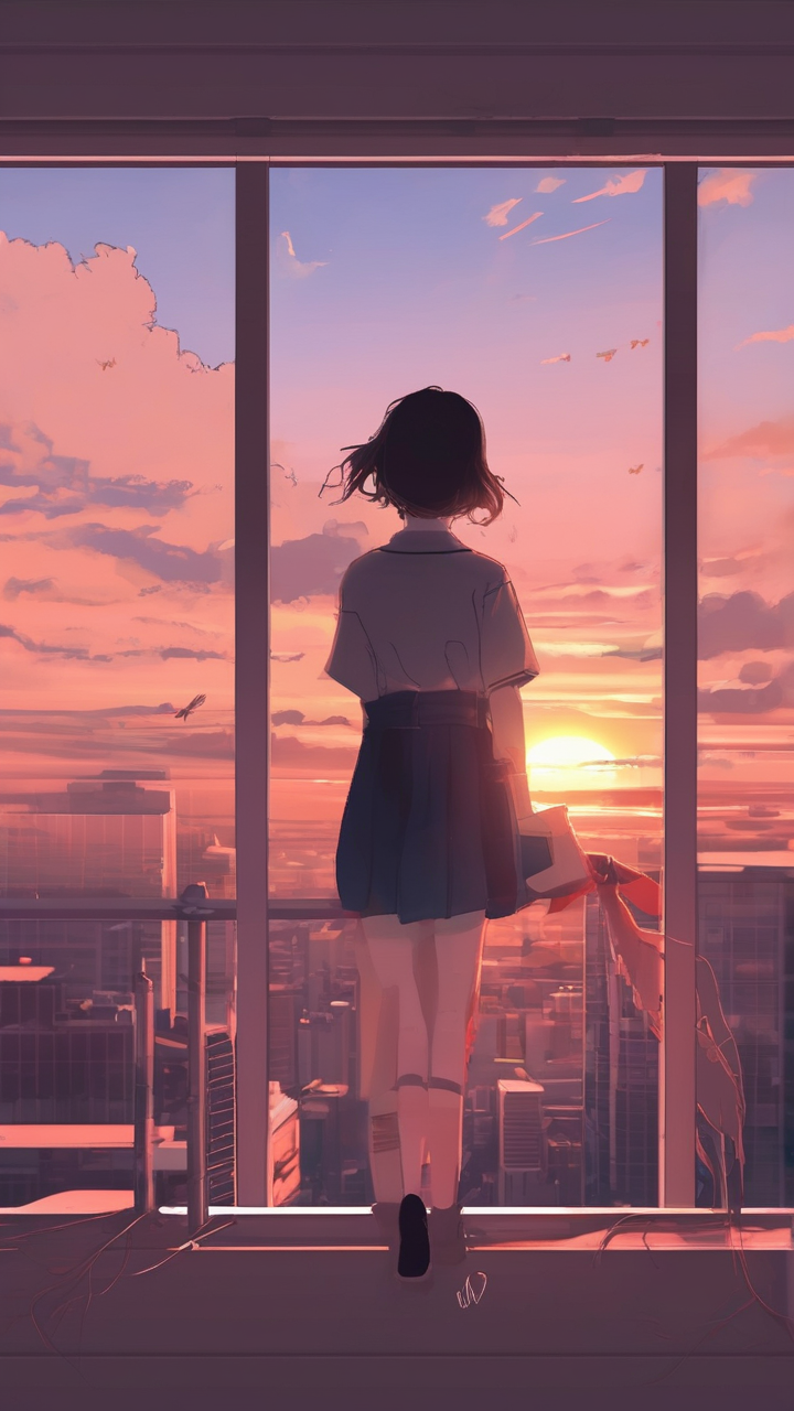 Anime girl sunset window wallpaper