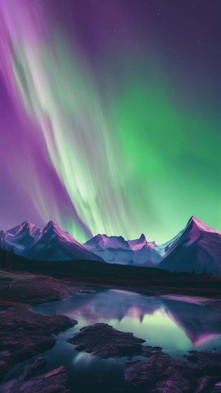 Aurora borealis over mountain wallpaper